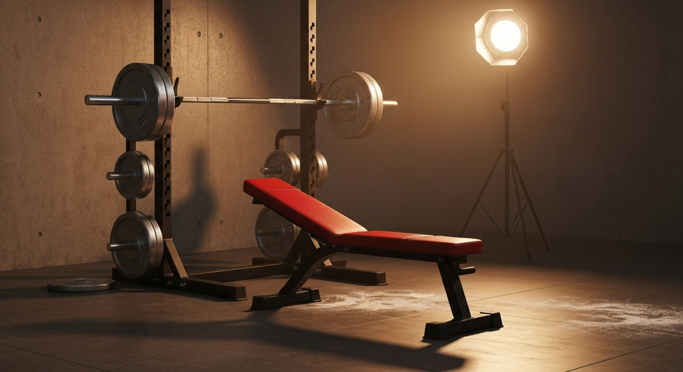 Banc et rack premium dans un atelier de musculation sombre