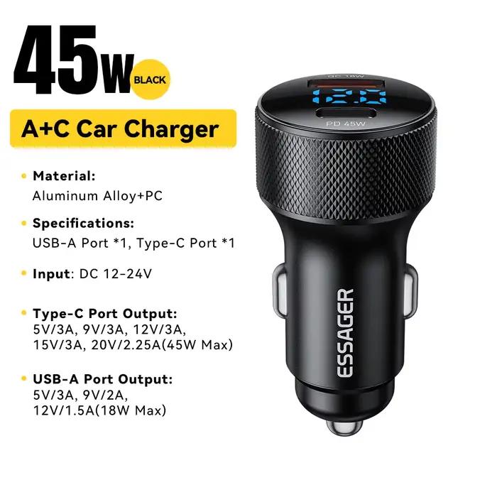 Essager USB C chargeur de voiture 45W 2 Ports PD3.0 QC3.0 affichage numérique chargeur de téléphone 