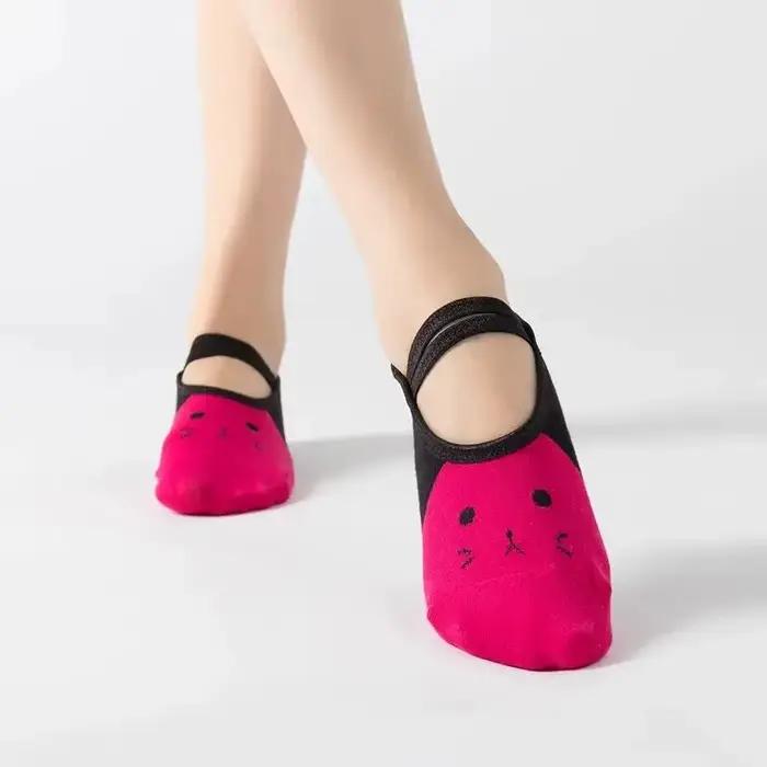 Chaussettes de Yoga antidérapantes pour femmes, mignonnes, dos nu, à bandes, Pilates, danse de Balle