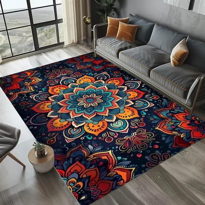 Tapis Mandala Bohème Coloré Imprimé en 3D, Tapis Antidérapant Grande Surface pour Salon, Chambre à C