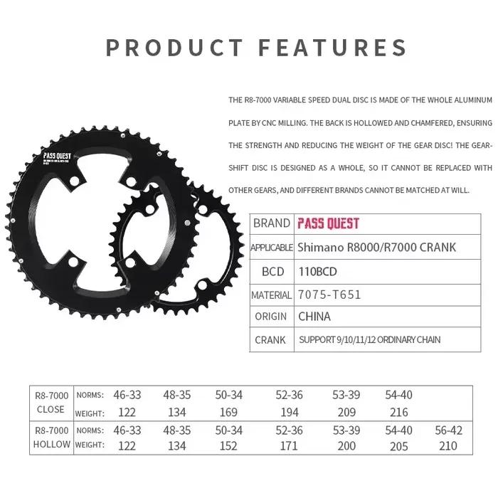 PASS QUEST 110bcd plateau pour Shimano 105 R7000 R8000 110 bcd Double anneau de chaîne de route 46/3