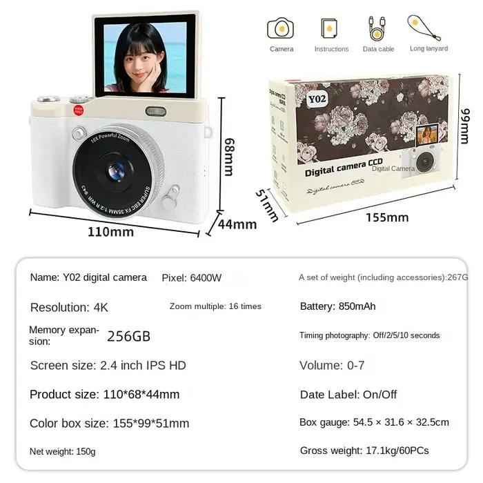 Caméra numérique 4K avec zoom numérique 16X, enregistreur vidéo rétro CCD, écran 2,4 pouces, 180° ° 