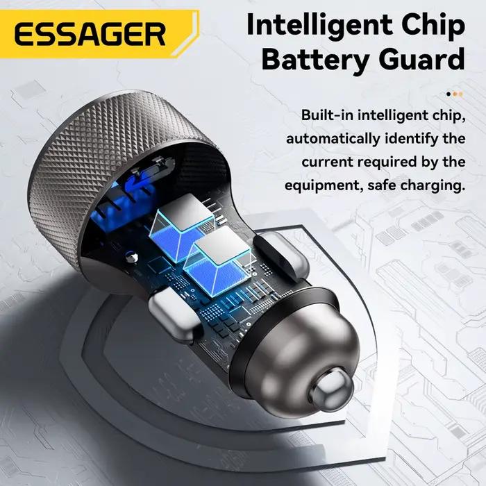 Essager USB C chargeur de voiture 45W 2 Ports PD3.0 QC3.0 affichage numérique chargeur de téléphone de voiture pour iPhone 16 15 Xiaomi Huawei Samsung OPPO