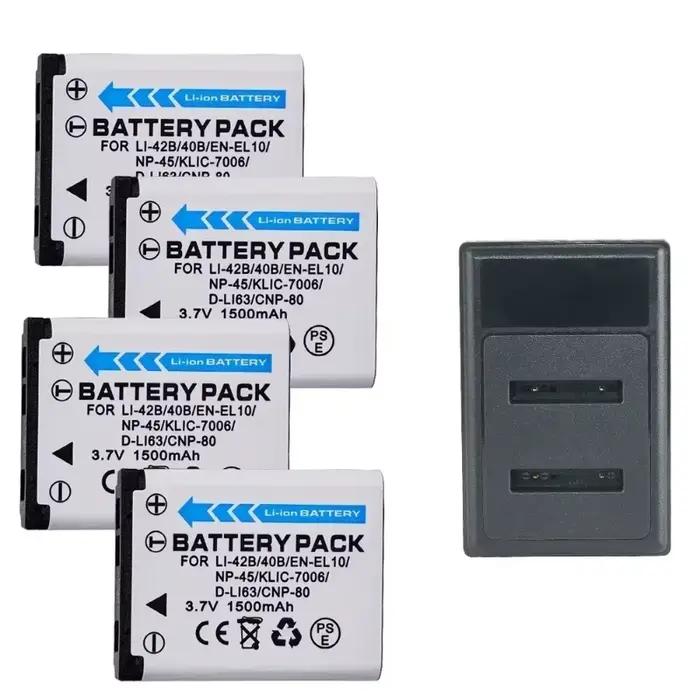 Batterie d'appareil photo 1500mAh EN-EL10 Li-42B Li-40B NP-45 NP-42 CNP-80, chargeur double fente pour OLYMPUS, FUJIFILM, Pentax, Casio