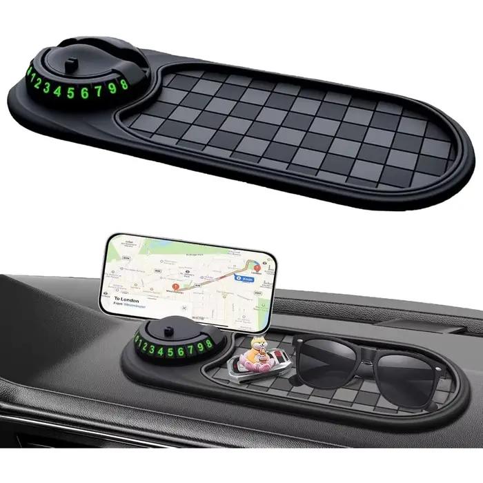 Tapis antidérapant de voiture, tapis de tableau de bord de voiture antidérapant rotatif avec numéro de stationnement temporaire, support de téléphone de tapis antidérapant de voiture