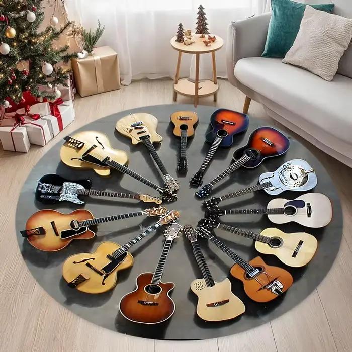 Tapis rond à thème musical pour guitare, décoration musicale vintage pour la maison, tapis de protection de sol doux et antidérapant pour salon et chambre à coucher