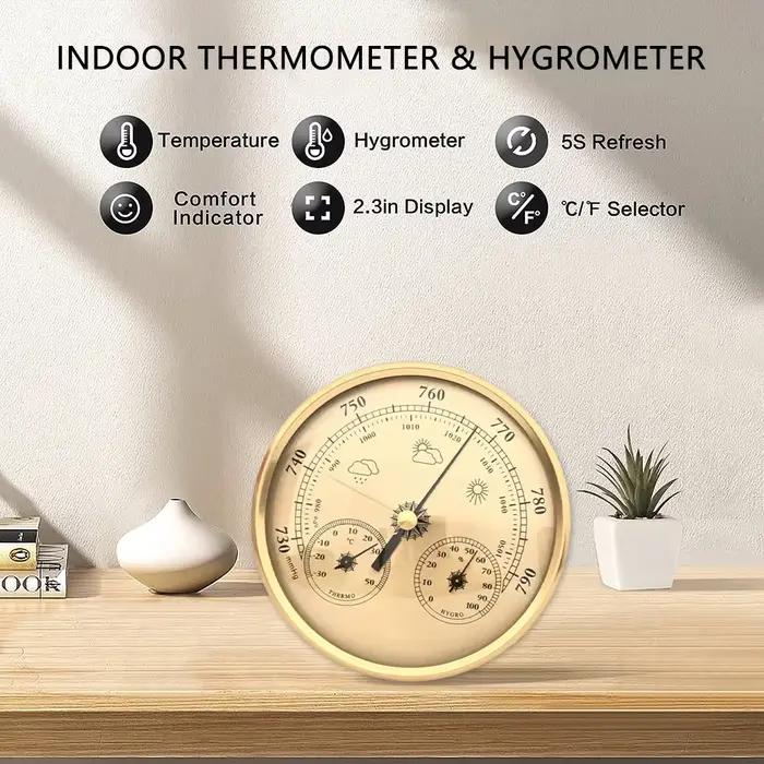 Therye.com-Baromètre en métal 3 en 1 avec cadre rond, station météo, utilisation intérieure et extérieure, hygromètre