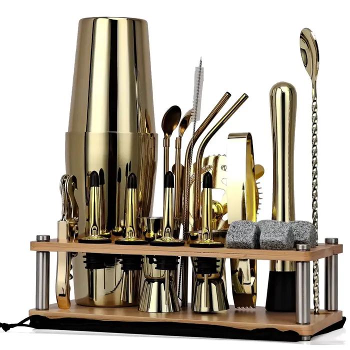 Ensemble de shaker à cocktail en bois, outils de bar, ensembles de shakers avec barres en bois T1