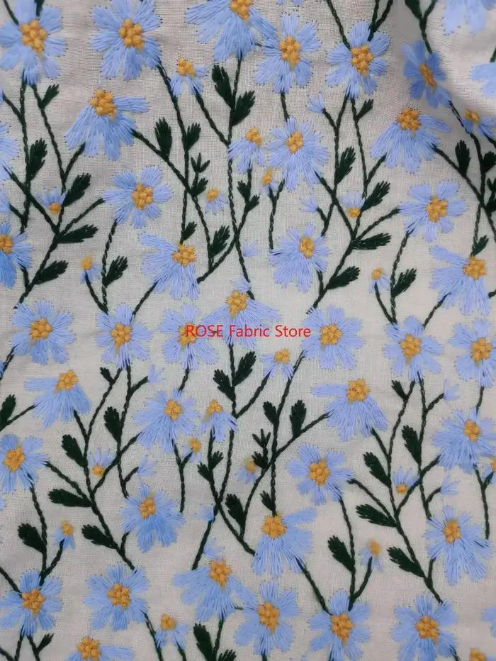 Tissu Ramie en coton brodé de fleurs de marguerite, 7 couleurs, matériel pour bricolage, vêtements faits à la main, nappe, sac, accessoires