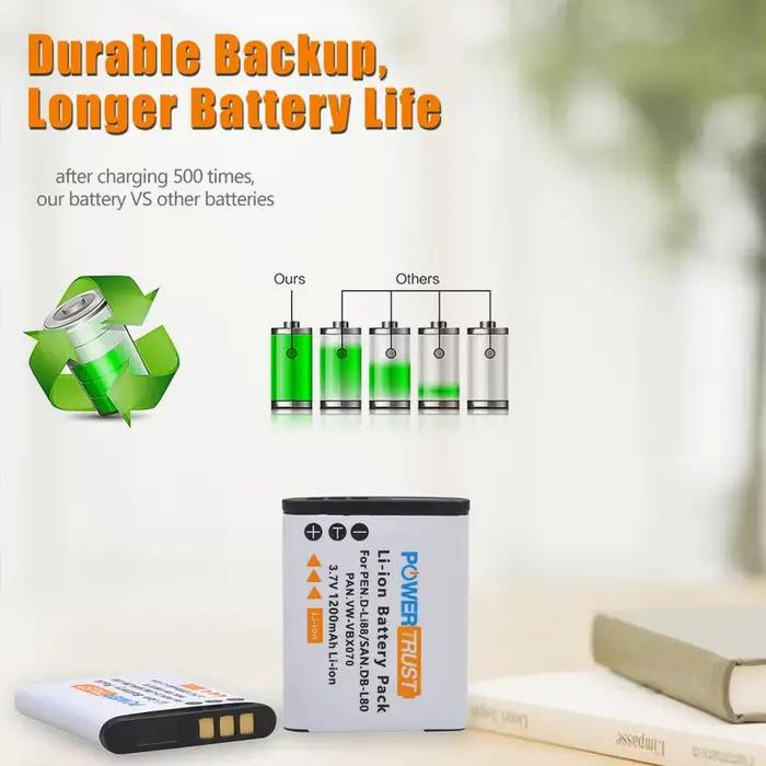 PowerTrust D-Li88 DB-L80 VW-VBX070 batterie de caméra + chargeur USB LED pour Sanyo VPC-CG10 VPC-CG20 pour PENTAX VPC-CG88 CG100