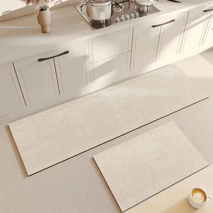 Tapis de Cuisine Beige en Polymère PVC, Imperméable, Solide, Longue Bande, en Cuir, Résistant à l'Huile, Non-ALD Lavable