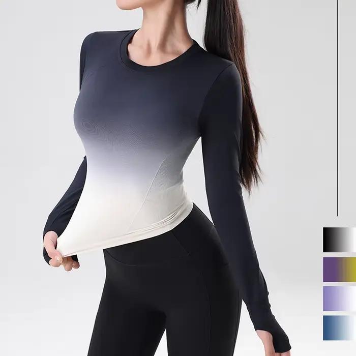 Haut à manches longues pour femmes, chemises de Yoga, T-Shirt de course, teinture suspendue, haut de