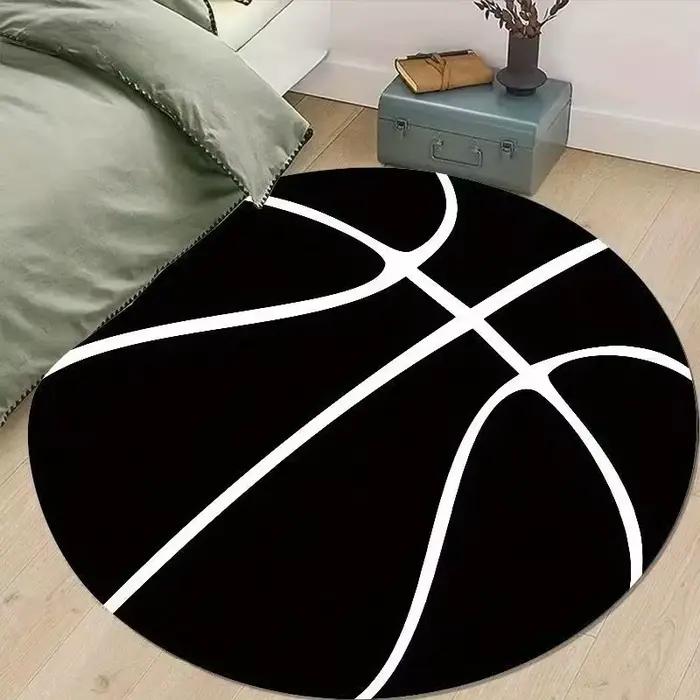 Tapis rond sur le thème du basketball avec un design noir et blanc tendance, décoration pour la sall