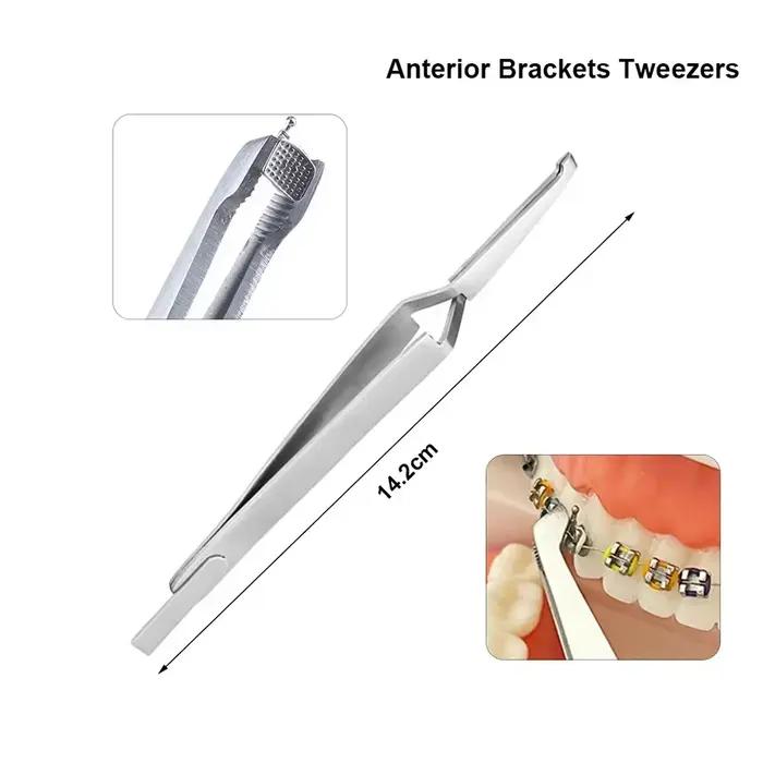 Ensemble orthodontique : pince à épiler, tube buccale et placages à boutons linguals, outils de liai