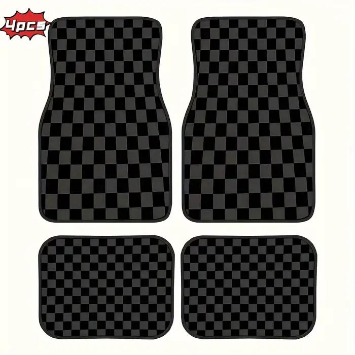 Ensemble de quatre tapis de sol universels pour voiture avec un motif à carreaux en noir, gris et ja