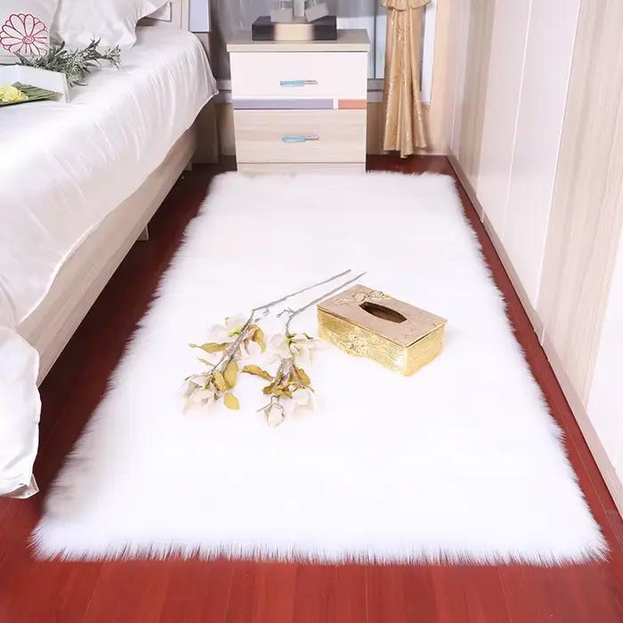 tapis de chambre Tapis peluche en peau de mouton pour chambre à coucher et salon, poils longs, blanc