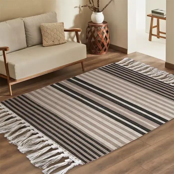 Tapis en coton et lin rayé avec glands, pour salon, chambre à coucher, porte, tapis de sol, zone de