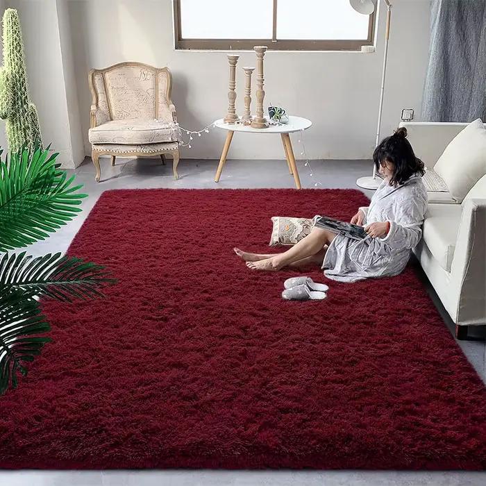 Tapis Shaggy super doux, tapis moelleux, zone rouge bordeaux, salon, chambre à coucher, chambre d'en