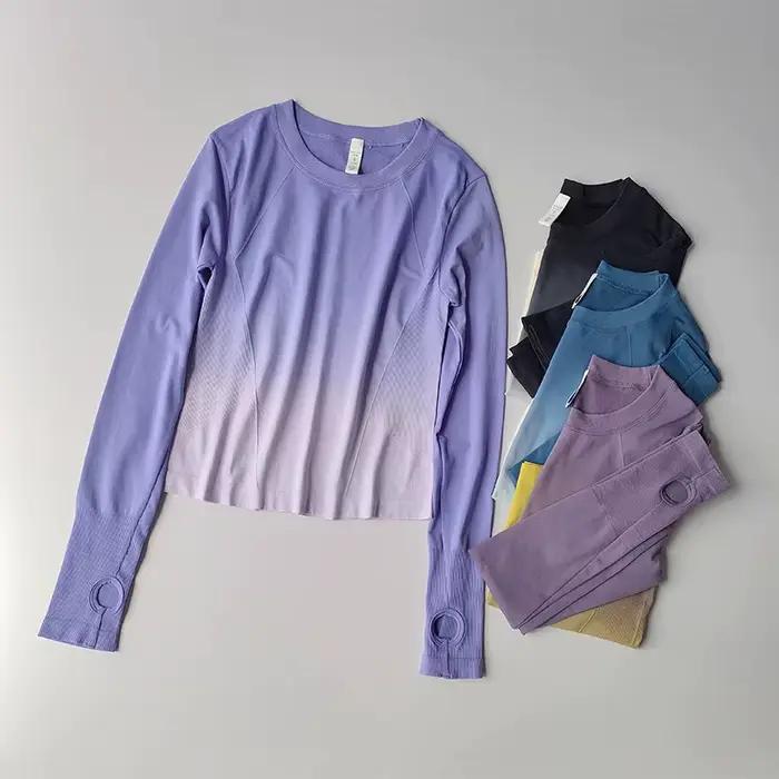 Haut à manches longues pour femmes, chemises de Yoga, T-Shirt de course, teinture suspendue, haut de