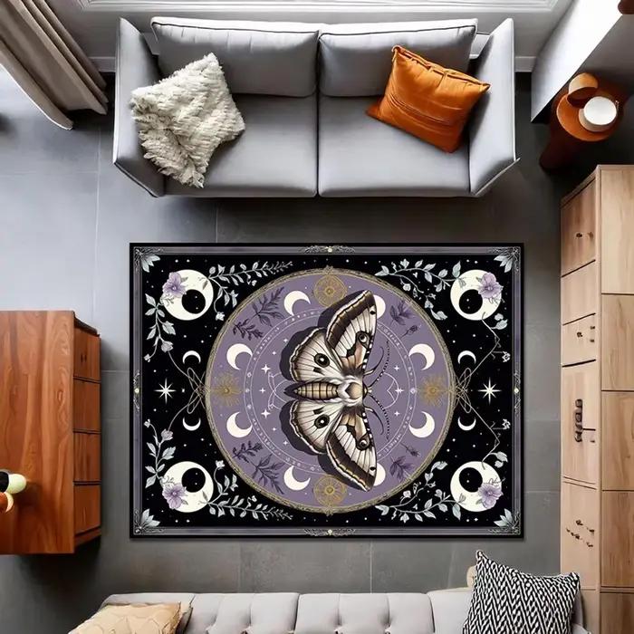 Tapis Mystic Moth, tapis papillon violet Witchcore avec phases de lune, symboles pentagramme et art