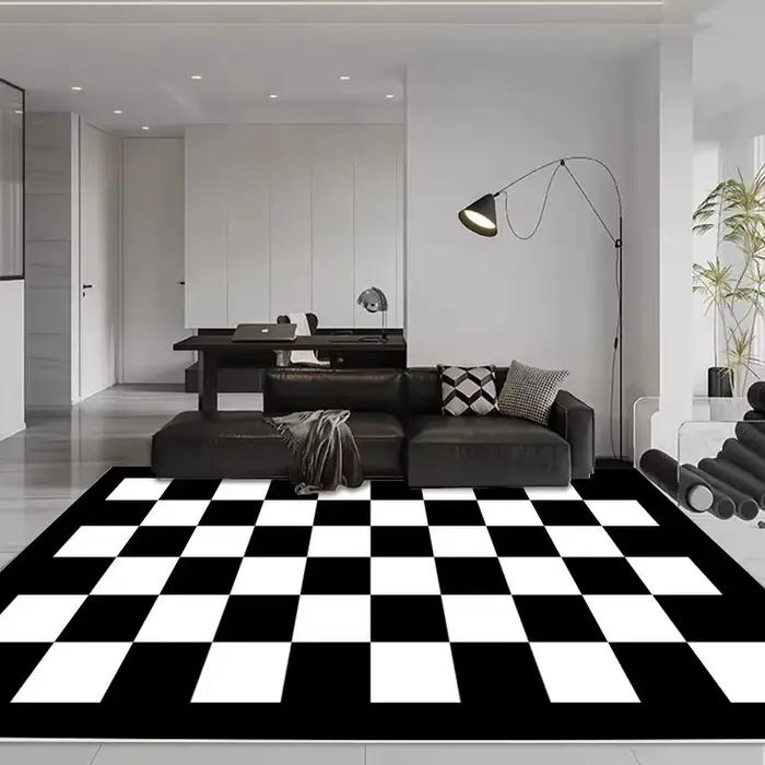 Tapis à carreaux noir et blanc, tapis de sol crème simple pour salon et chambre, tapis de décoration