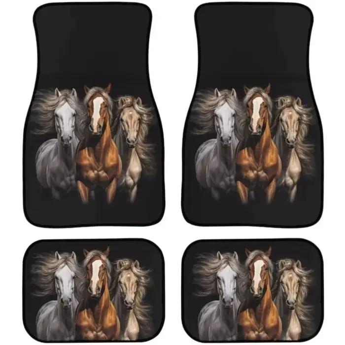 Tapis de sol en caoutchouc imprimé chevaux en course, 4 pièces, antidérapants, universels, toutes sa