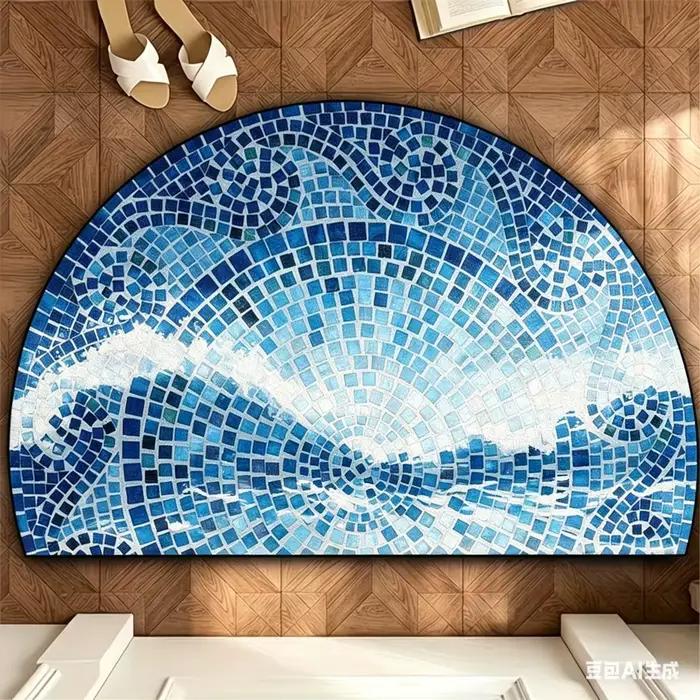 Paillasson demi-rond en mosaïque bleue méditerranéenne, tapis de bienvenue géométrique, tapis d'entrée antidérapant, tapis de sol unique en forme de demi-lune, décoration