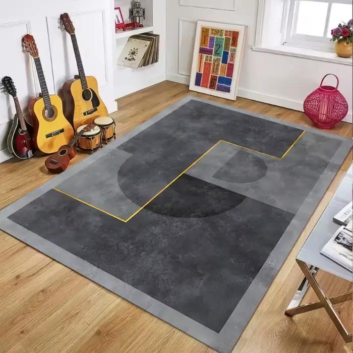 Tapis géométrique gris jaune – Design abstrait moderne avec lignes contrastées, tapis antidérapant pour décoration de salon et de chambre à coucher