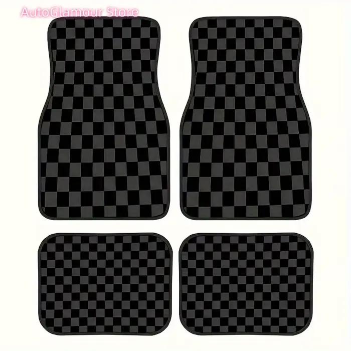 Ensemble de quatre tapis de sol universels pour voiture avec un motif à carreaux en noir, gris et jaune. Ils sont absorbants, antidérapants et lavables