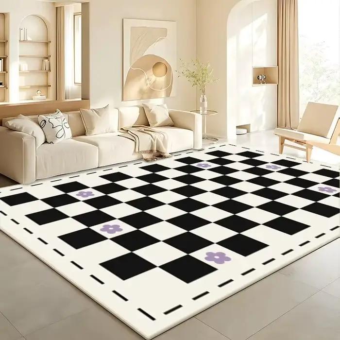 Tapis à carreaux noir et blanc, tapis de sol crème simple pour salon et chambre, tapis de décoration d'intérieur pour chevet