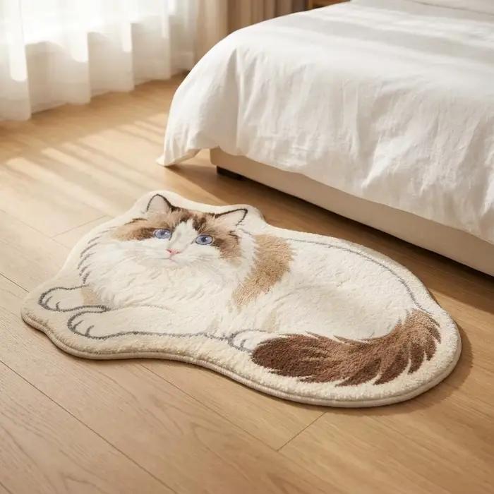 Tapis irrégulier en forme de chat mignon, tapis de sol en polyester doux et moelleux, tapis décoratif antidérapant pour chambre à coucher, pour les amoureux des chats