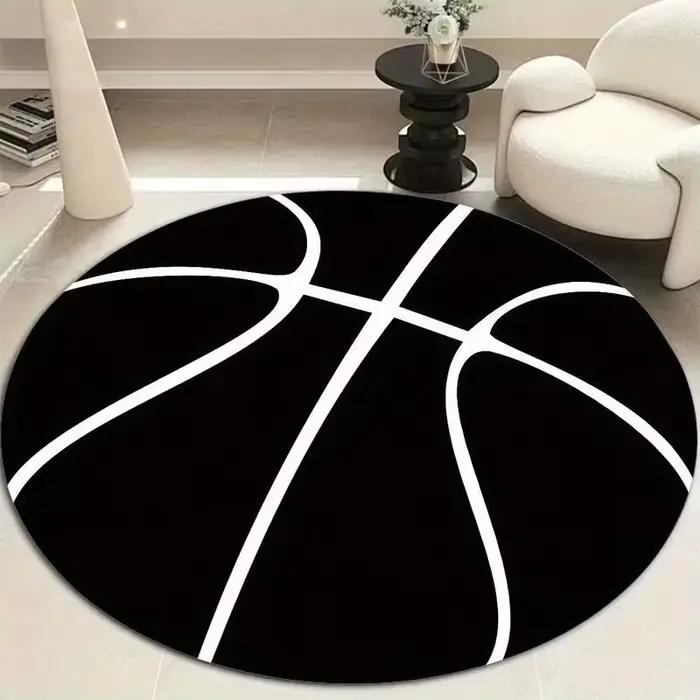Tapis rond sur le thème du basketball avec un design noir et blanc tendance, décoration pour la salle de jeux, cadeau pour garçon ou fille, tapis pour chambre d'adolescent
