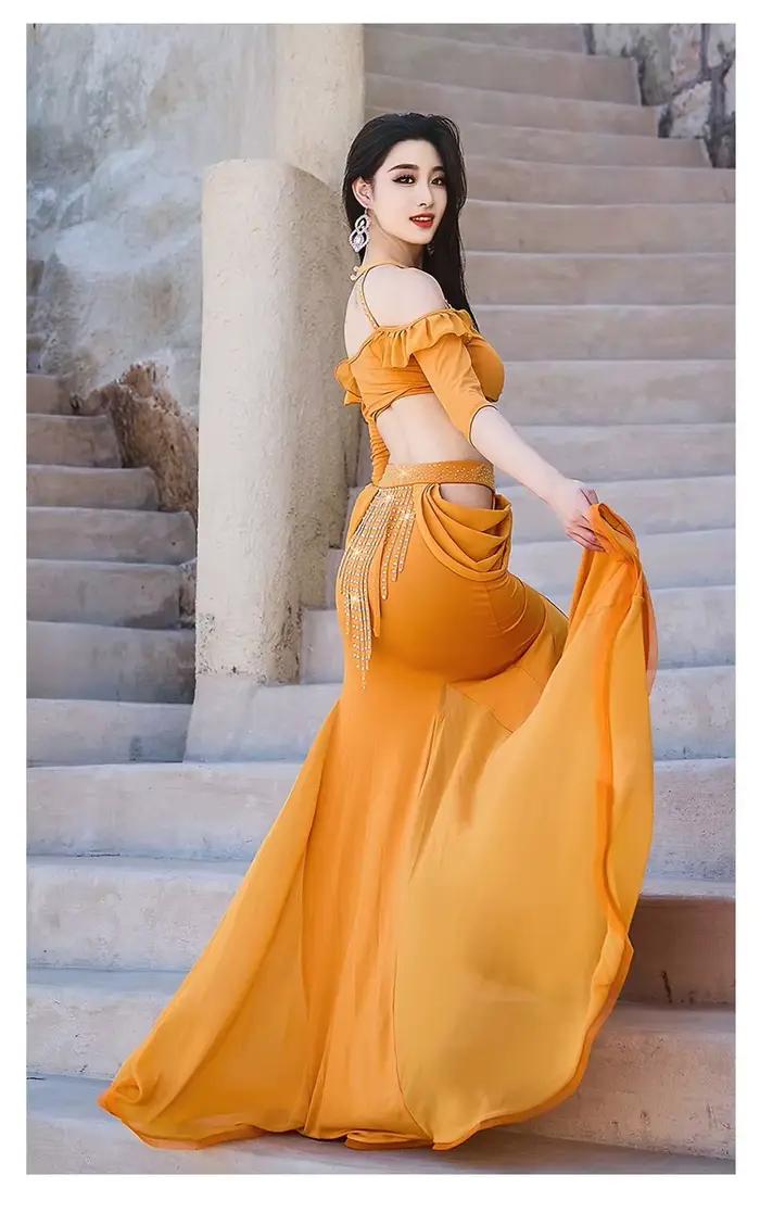 Femmes danse du ventre Style Oriental femmes groupe Costume filles tenue d'entraînement Shimmy franges haut à licou bourgeons queue de poisson jupes longues
