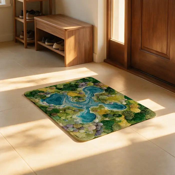 Tapis décoratif motif ruisseau forestier pour salon, chambre, couloir, intérieur/extérieur, lavable, adapté aux animaux domestiques, décoration intérieure