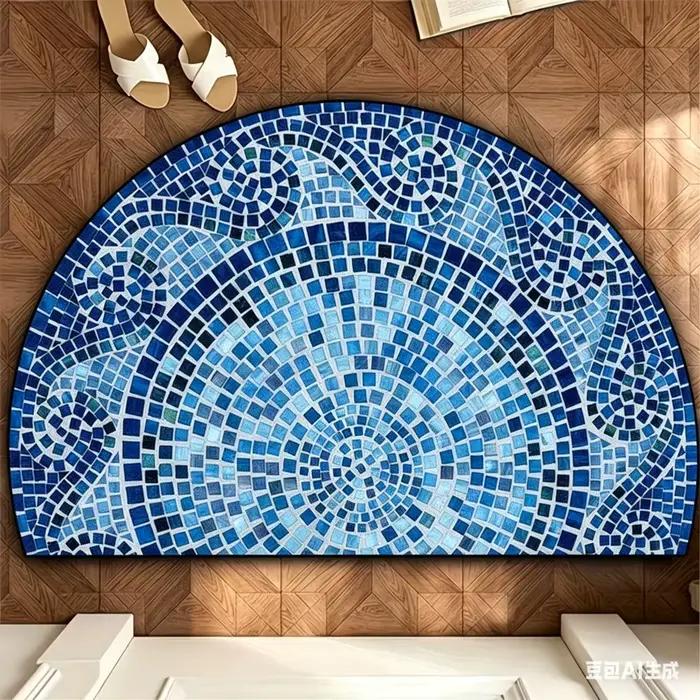 Paillasson demi-rond en mosaïque bleue méditerranéenne, tapis de bienvenue géométrique, tapis d'entrée antidérapant, tapis de sol unique en forme de demi-lune, décoration
