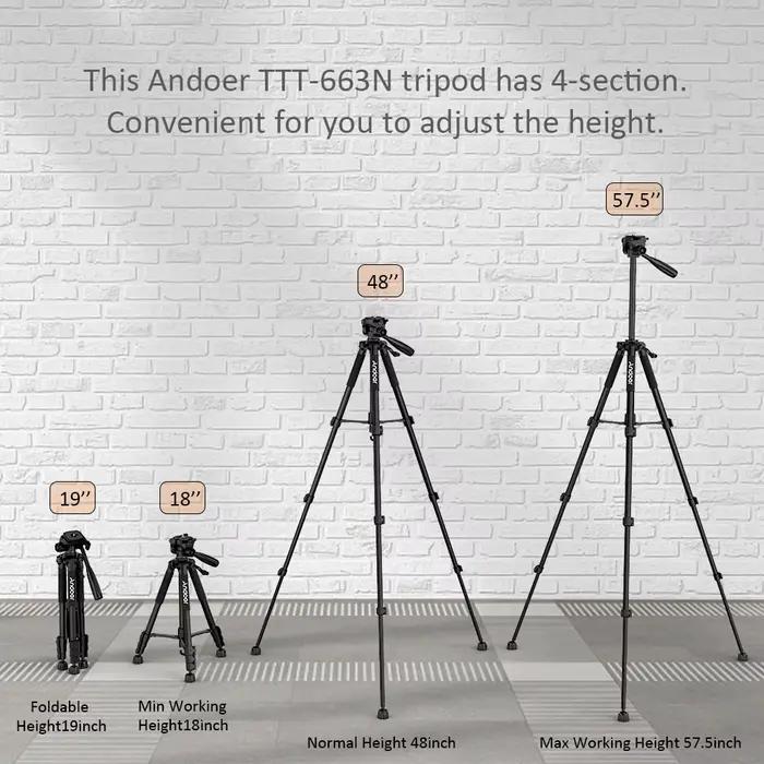 Andoer TTT-663N Trépied de voyage léger de 57,5 pouces pour appareil photo, trépied pour téléphone, pour appareil photo reflex numérique, caméscope, photographie, vidéo