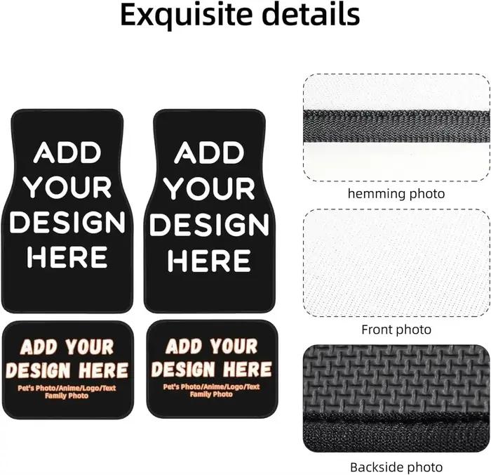 Personnalisez un ensemble de 4 tapis de sol de voiture, ajoutez votre nom, votre photo, votre logo, votre texte, et utilisez des tapis de sol antidérapants de conception universelle