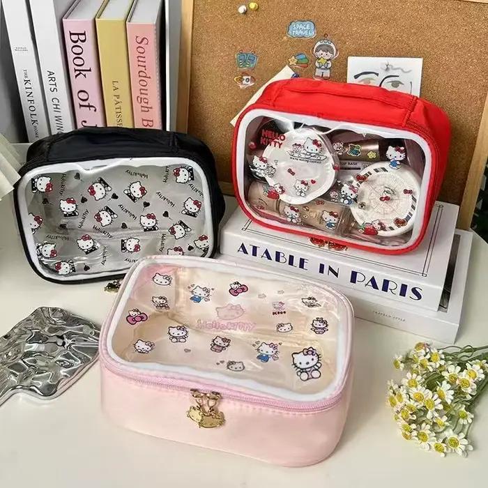 Sac à main pour femme Hello Kitty, accessoire de dessin animé, sac de rangement pour cosmétiques, matériau PVC imperméable, grande capacité