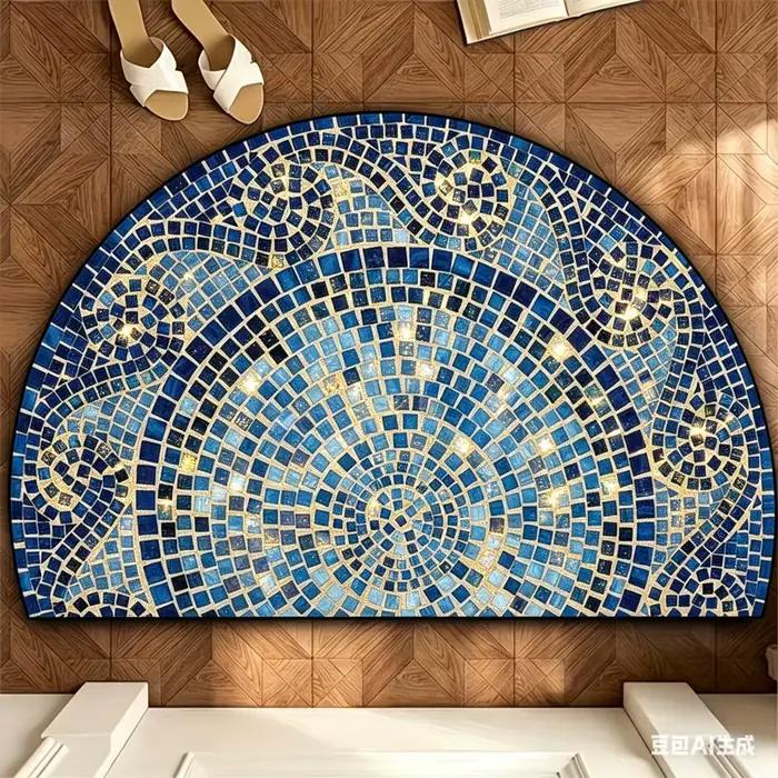 Paillasson demi-rond en mosaïque bleue méditerranéenne, tapis de bienvenue géométrique, tapis d'entrée antidérapant, tapis de sol unique en forme de demi-lune, décoration