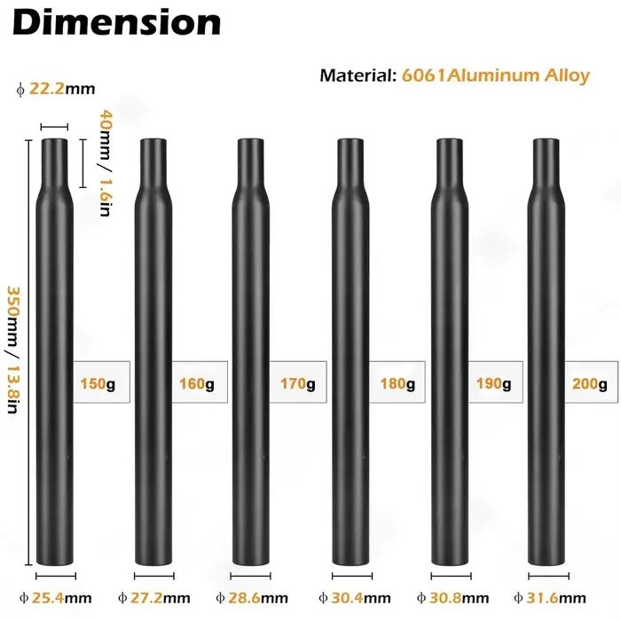 Tige de selle de vélo 25.4/27.2/28.6/30.4/30.8/31.6mm en alliage d'aluminium 350mm de longueur pôle