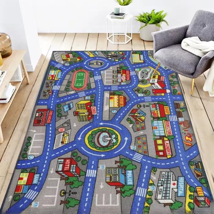 Tapis de jeu de route de circulation pour enfants, lavable, carte de voiture, apprentissage éducatif, pour salle de jeux, décor de chambre à coucher, Alfombra