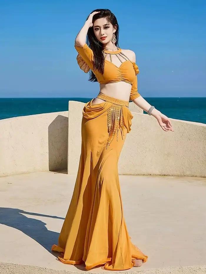 Femmes danse du ventre Style Oriental femmes groupe Costume filles tenue d'entraînement Shimmy franges haut à licou bourgeons queue de poisson jupes longues