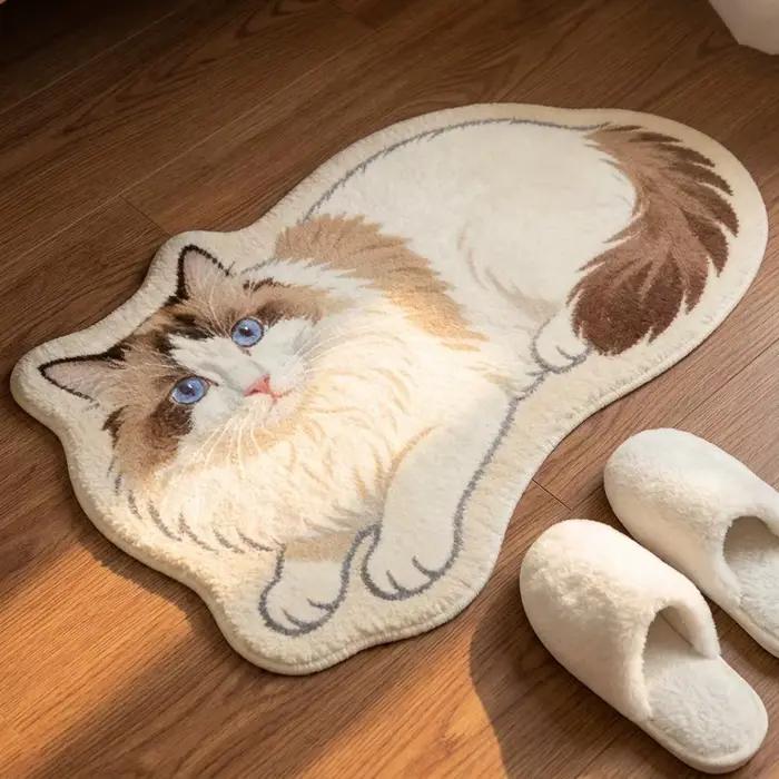 Tapis irrégulier en forme de chat mignon, tapis de sol en polyester doux et moelleux, tapis décoratif antidérapant pour chambre à coucher, pour les amoureux des chats