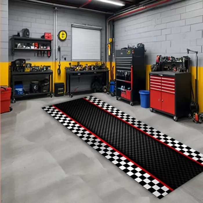 Tapis rayé à carreaux VIKAMA Racing – Tapis de sol résistant aux taches et durable pour salle de jeux, tapis de stationnement pour moto, décoration intérieure