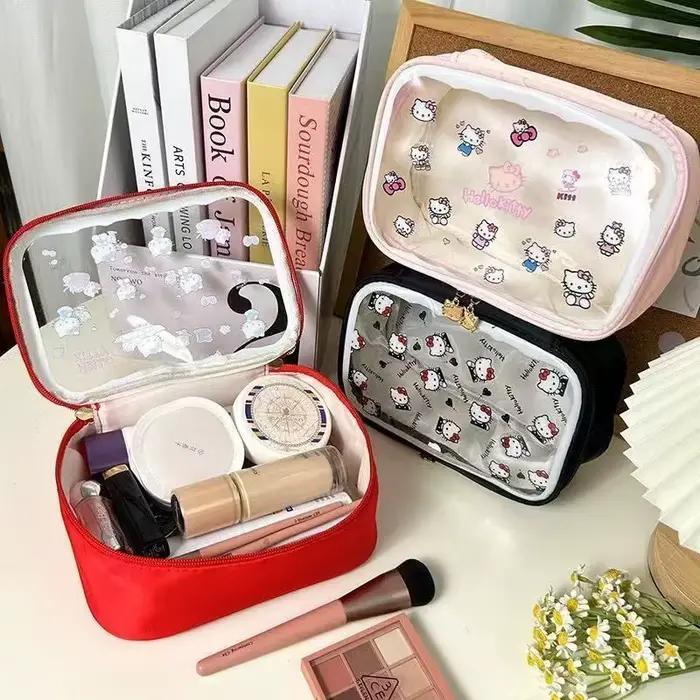 Sac à main pour femme Hello Kitty, accessoire de dessin animé, sac de rangement pour cosmétiques, matériau PVC imperméable, grande capacité