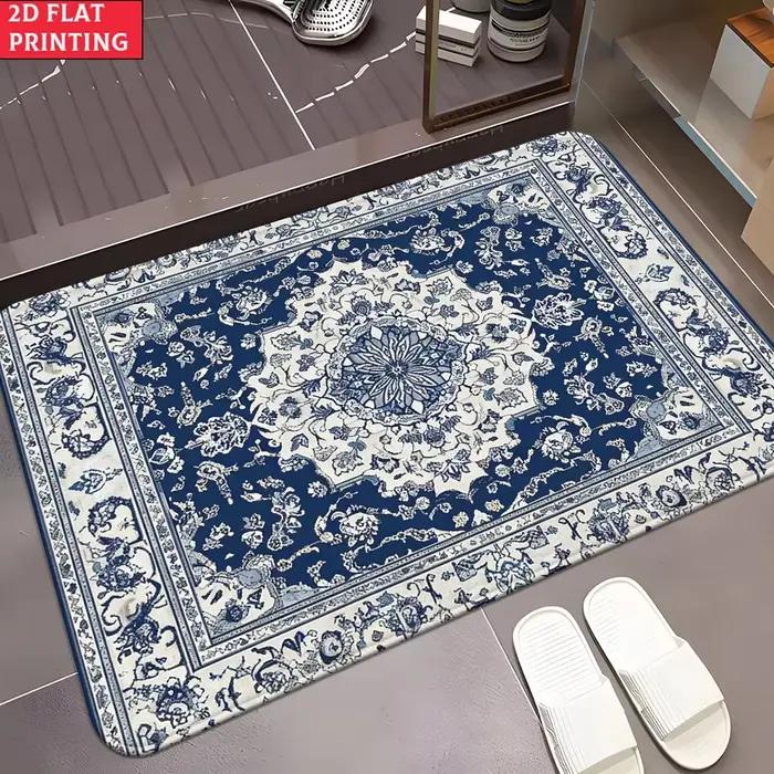 Tapis d'entrée vintage persan bleu et blanc Mandala, tapis de bienvenue pour couloir, porche, décoration intérieure, tapis de sol créatif