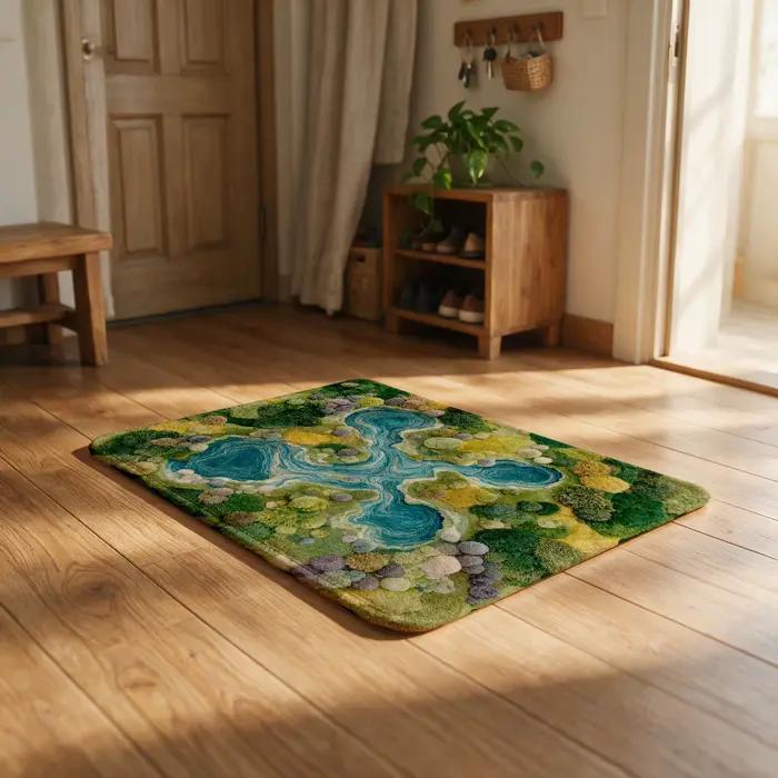 Tapis décoratif motif ruisseau forestier pour salon, chambre, couloir, intérieur/extérieur, lavable, adapté aux animaux domestiques, décoration intérieure