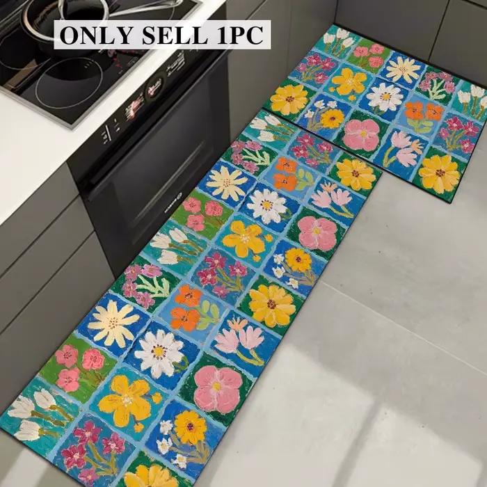 Tapis de cuisine en PVC imperméable, tapis en cuir long antidérapant et résistant à l'huile, tapis à carreaux américains, tapis floraux, tapis de décoration pour la maison