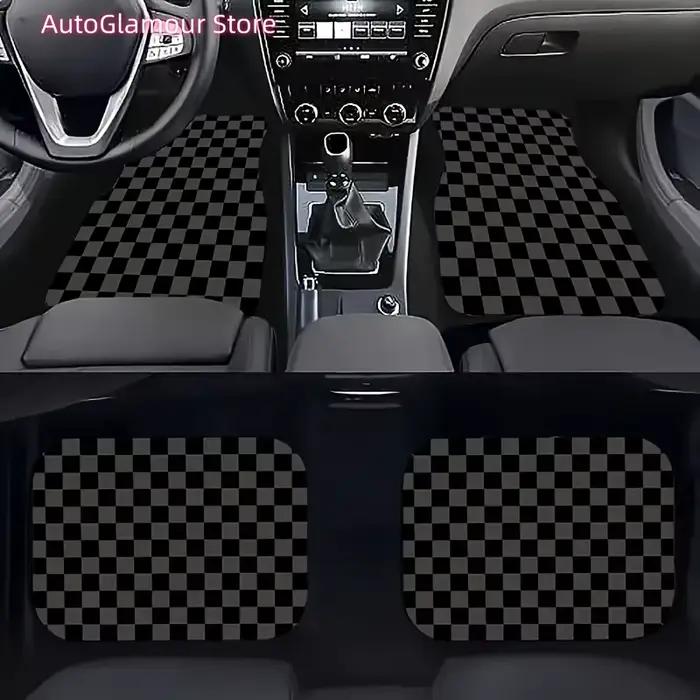 Ensemble de quatre tapis de sol universels pour voiture avec un motif à carreaux en noir, gris et jaune. Ils sont absorbants, antidérapants et lavables
