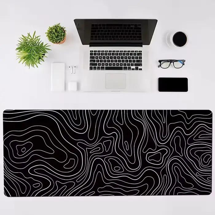 Tapis de souris de jeu 1 pièce, grand tapis de clavier 31,5 x 11,8 pouces, tapis de souris topographique noir et blanc pour clavier avec anti-S